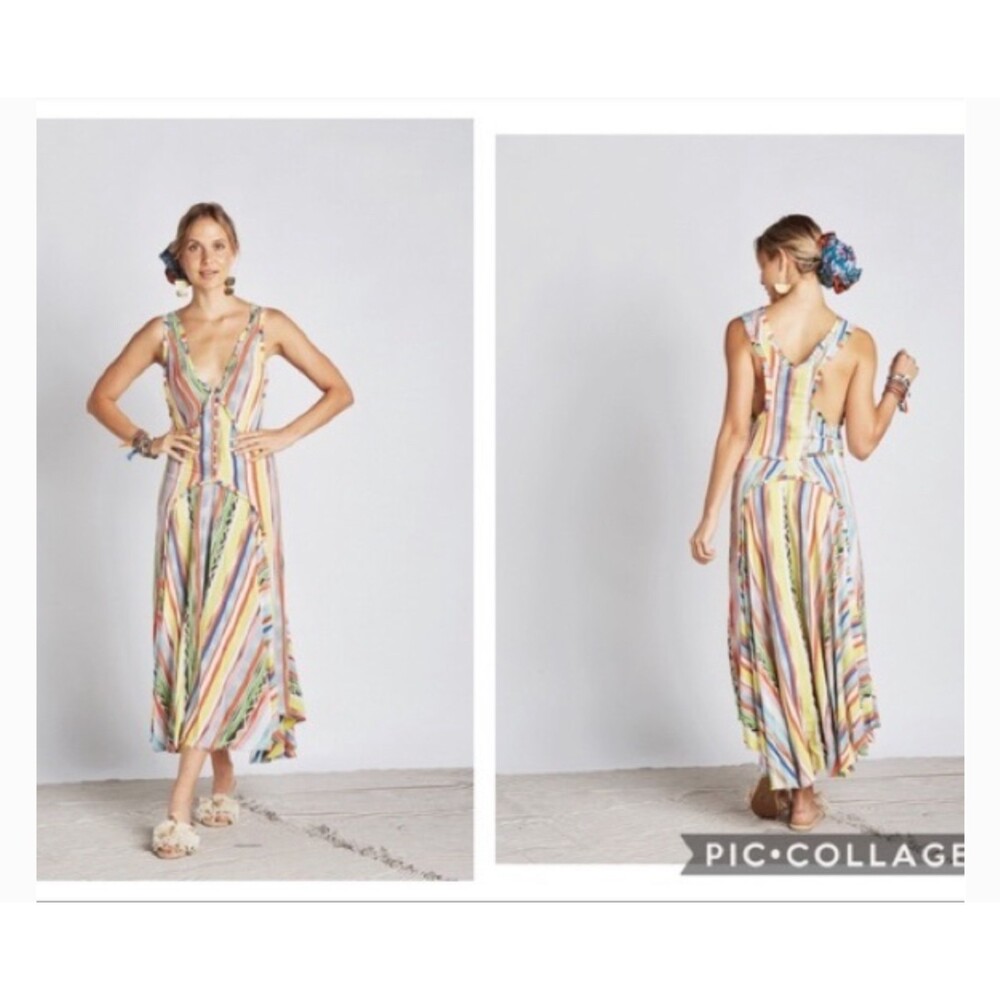 Z & L Europe Brand rainbow boho prairie distressed frayed maxi dress size S